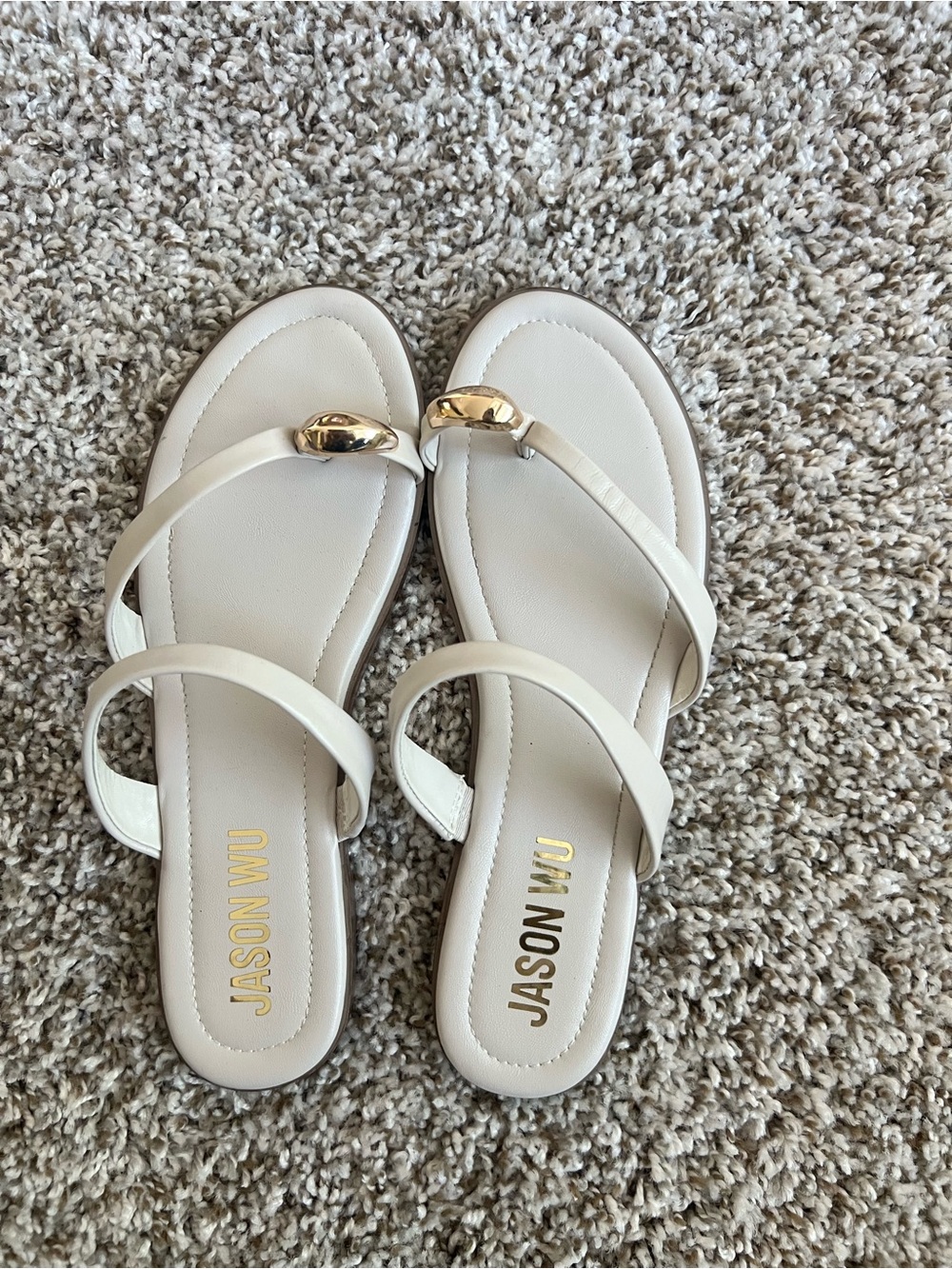 Jason Wu Cream Leather Double-Strap Slide Sandals with Gold Accent
